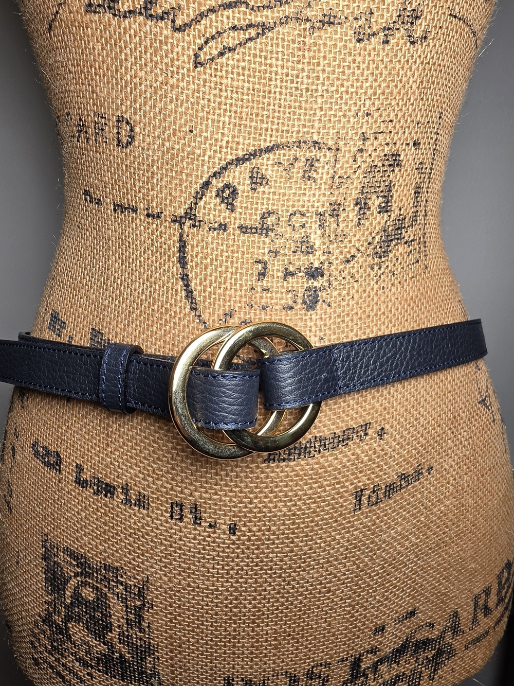 Navy Faux Leather Belt with Gold Interlocking Rings